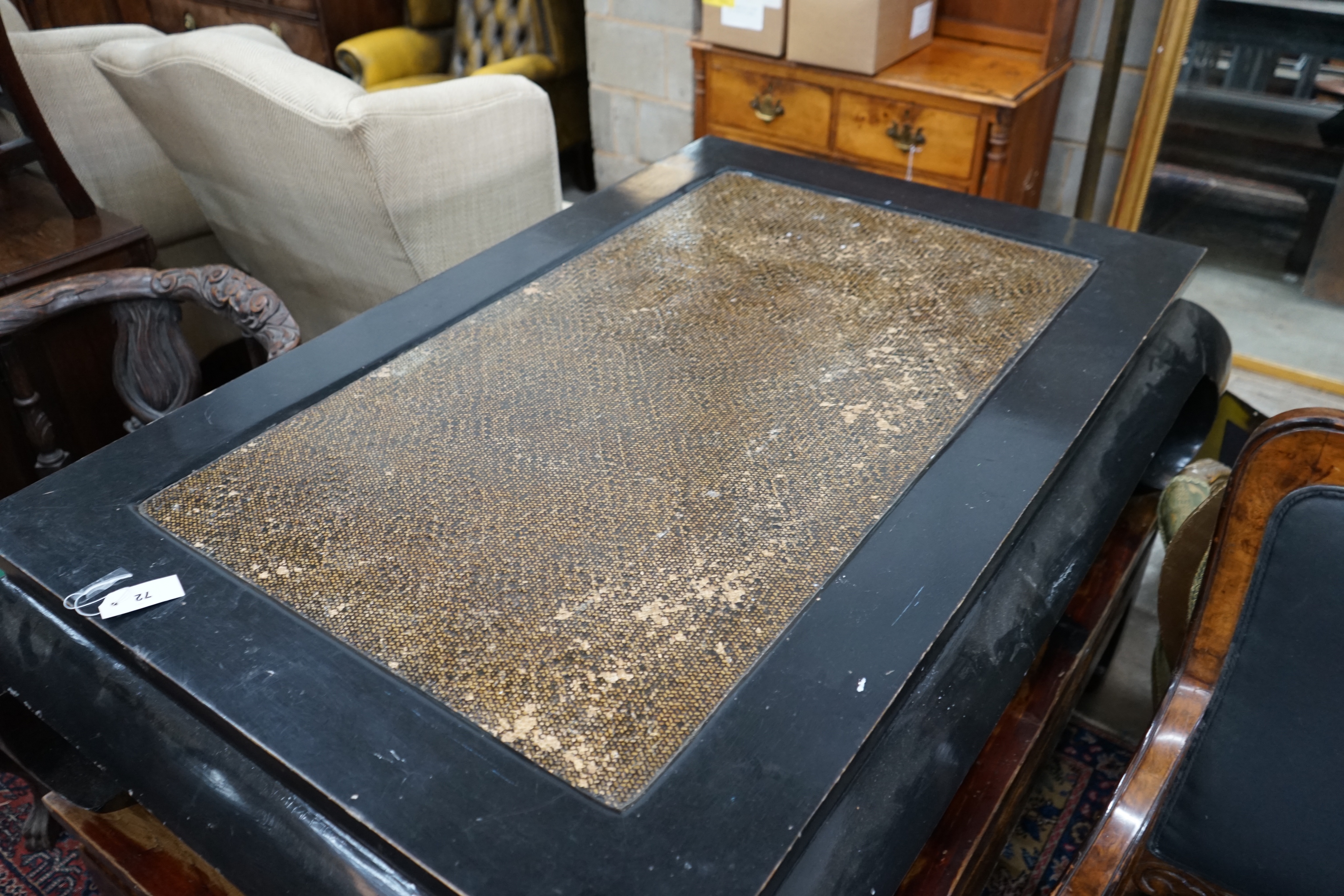 A Chinese rectangular carved lacquer coffee table, width 150cm depth 105cm height 43cm